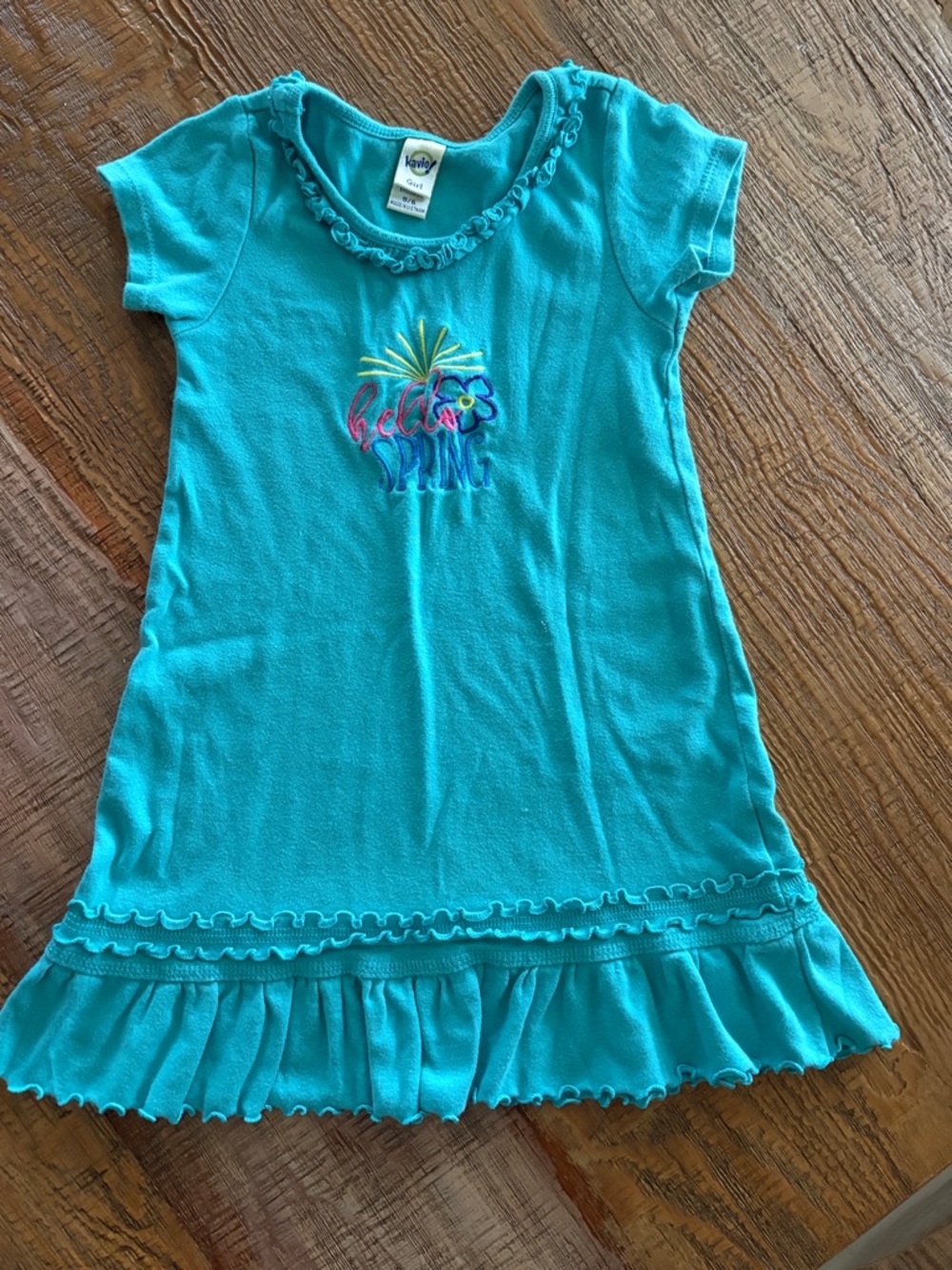 Kavio Turquoise Ruffle Hem Embroidered Girls Dress